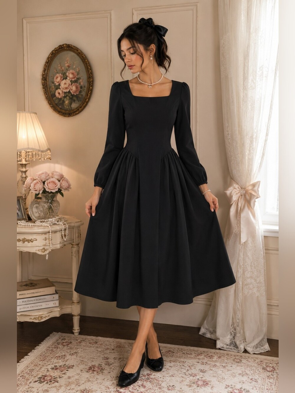 NWT ZESICA Black Drop Waist Midi Dress Coquette Dark Academia Old Money M